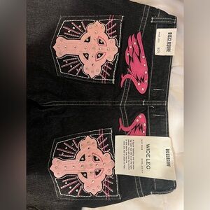 Disclosure Wide Leg Black Jeans with Pink Embroidered Cross Pockets